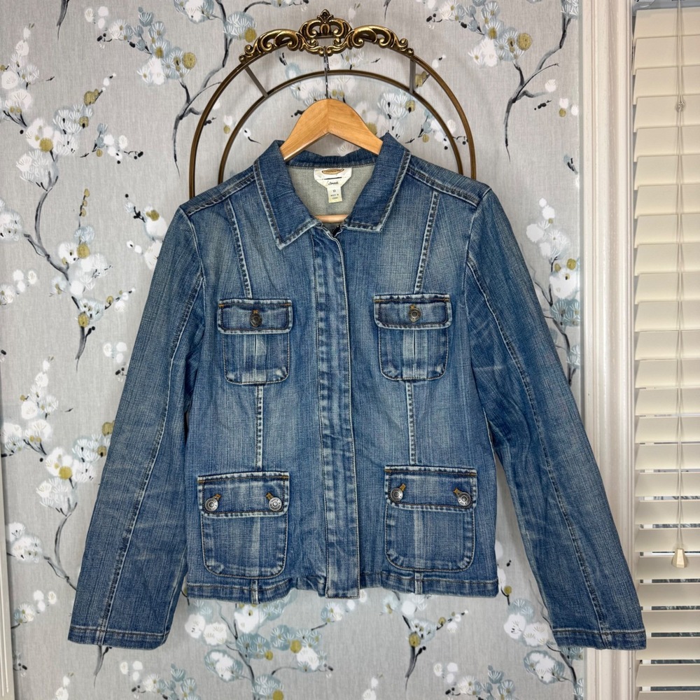 Talbots Womens Medium Wash Stretch Denim Zip Front Utility Jacket Blue Size 10